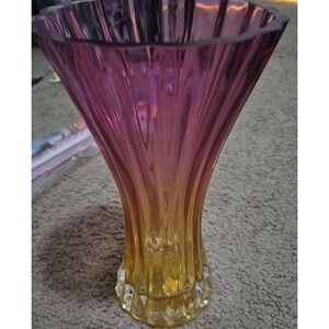 Elegant ombre two tone Yellow Pink 9.5 in. Tall blown glass vase curved
